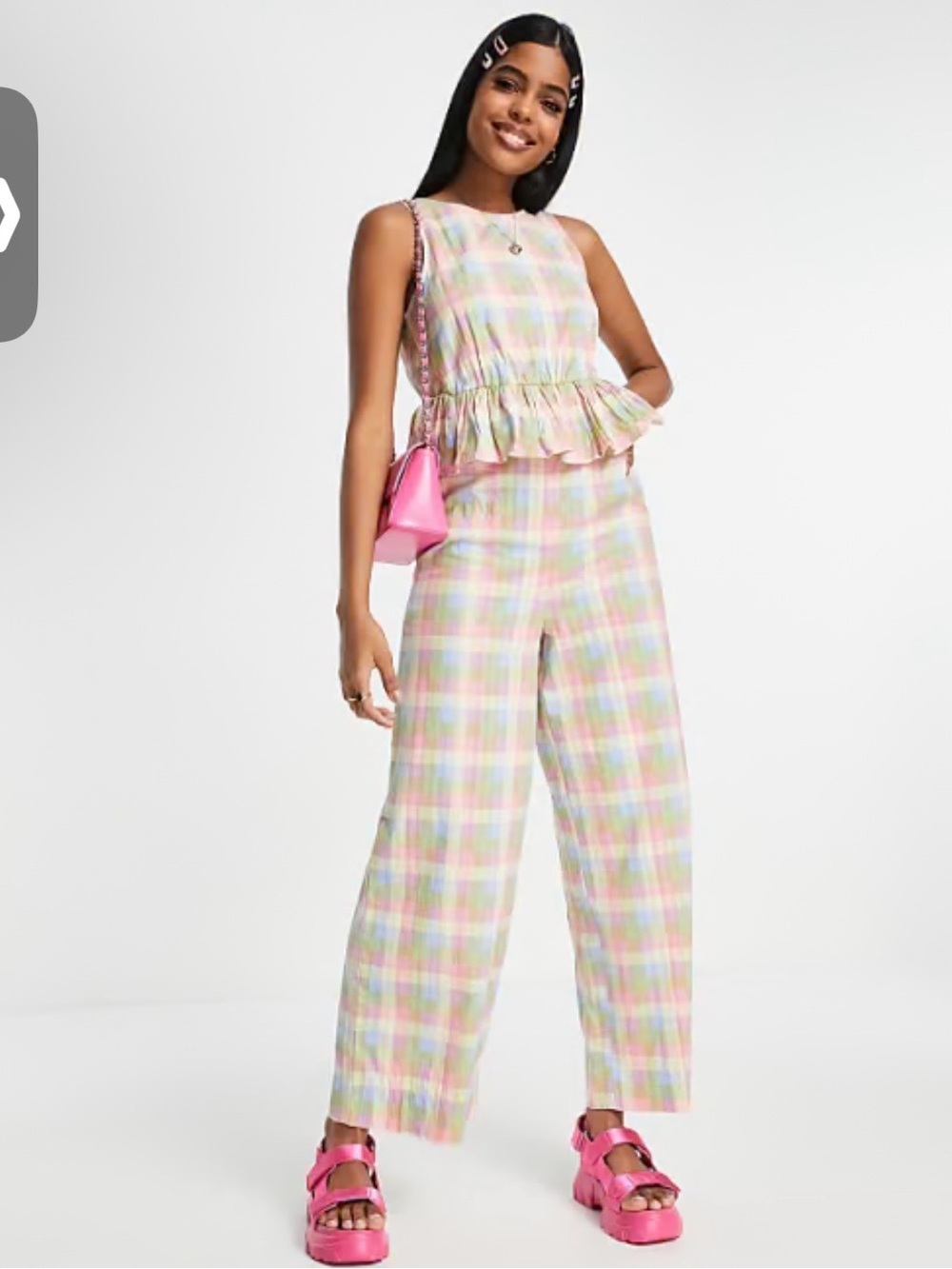 Monki Pastel Plaid Ruffle-Waist Wide-Leg Jumpsuit Size medium